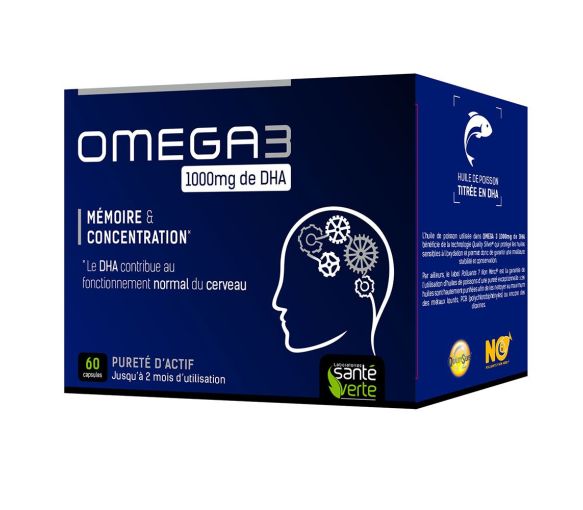 Oméga 3 1000 mg de DHA mémoire et concentration Santé Verte - 60 capsules