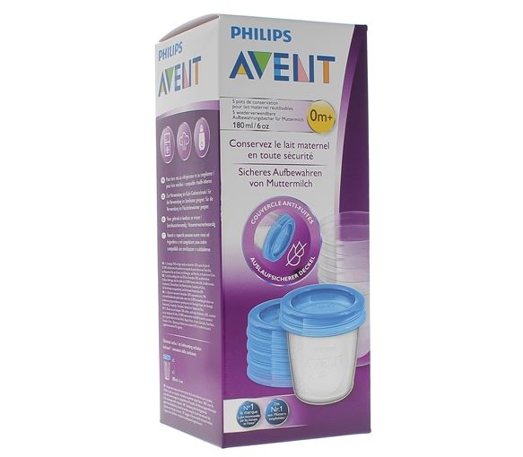 Pots de conservation lait maternel réutilisables 0 mois et + Avent - boîte de 5 pots de 180 ml - image 1