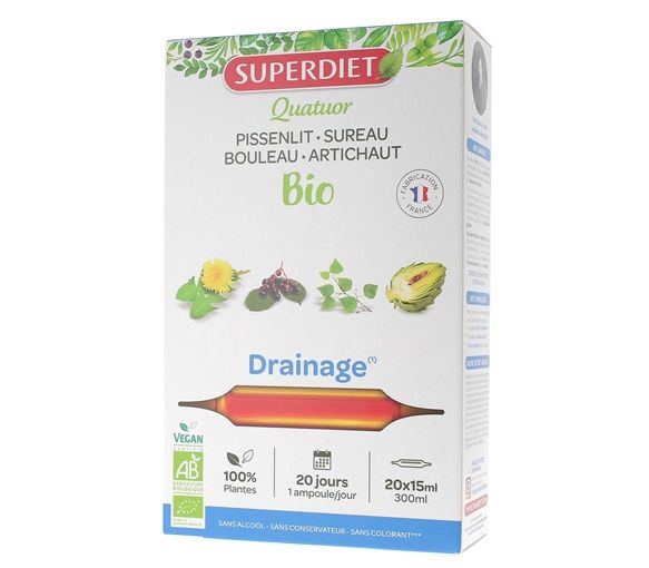 Quatuor BIO Drainage : pissenlit, sureau, bouleau, artichaut Super Diet - 20 ampoules