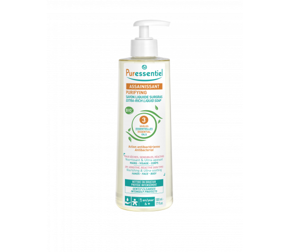 Savon liquide surgras aux 3 huiles essentielles bio Puressentiel - flacon-pompe de 500 ml - image 1