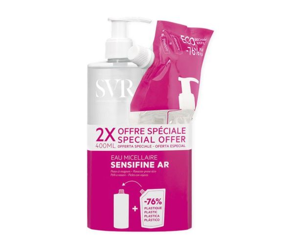 Sensifine AR eau micellaire peaux sensibles à rougeurs SVR - flacon-pompe de 400ml + recharge - image 1