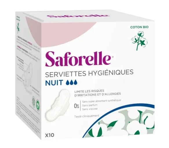 Serviettes hygiéniques nuit en coton bio Saforelle - boîte de 10 serviettes