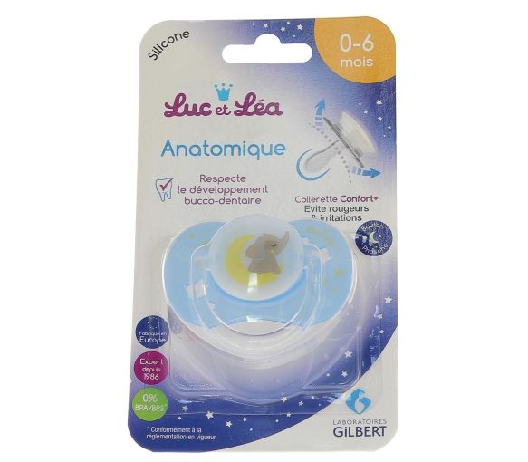 Sucette silicone anatomique avec anneau nuit 0-6 mois Luc et Léa - une sucette