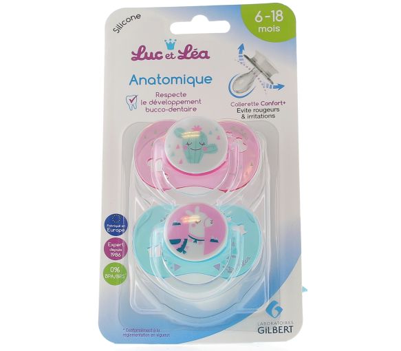 Sucettes Silicone Anatomiques avec anneau 6-18 mois modèle Arc-en-ciel et Licorne Luc et Léa - 2 sucettes