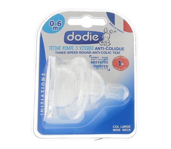 Tétine ronde 3 vitesses anti-colique col large 0-6 mois débit 1 Dodie - deux tétines