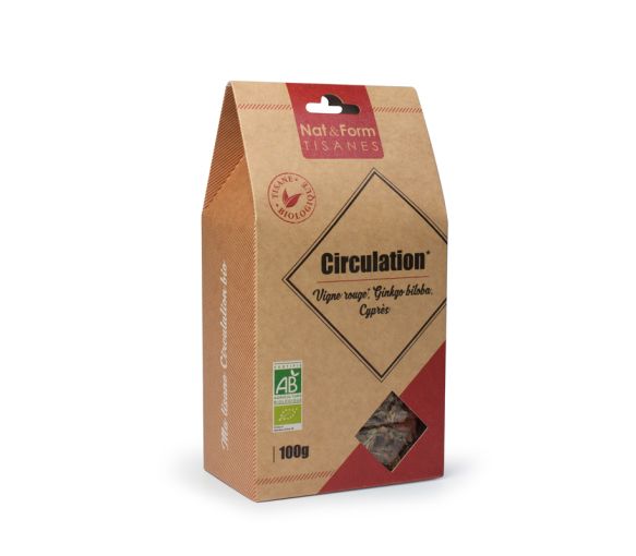 Tisane Circulation Vigne Rouge, Ginkgo Biloba, Cyprès bio Nat & Form - sachet de 100 g