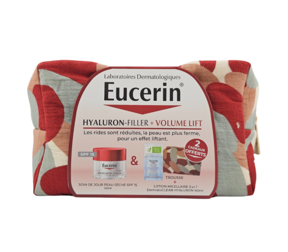 Trousse Hyaluron-Filler + volume lift soin de jour peaux sèches Eucerin - pot de 50ml + DermatoCLEAN 100ml et trousse offerte