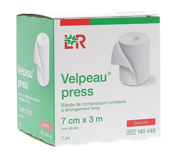 Velpeau Press Bande de compression cohésive à allongement long - boîte d'une bande blanche de 7x3cm - image 1