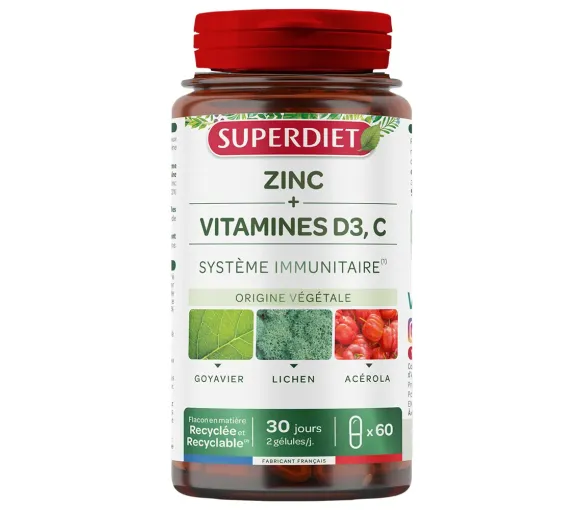 Zinc + Vitamines D3 et C Superdiet - pot de 60 comprimés - image 1