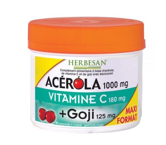 Acérola 1000 mg + vitamine C 180 mg + Goji 125 mg Herbesan - pot de 90 comprimés à croquer