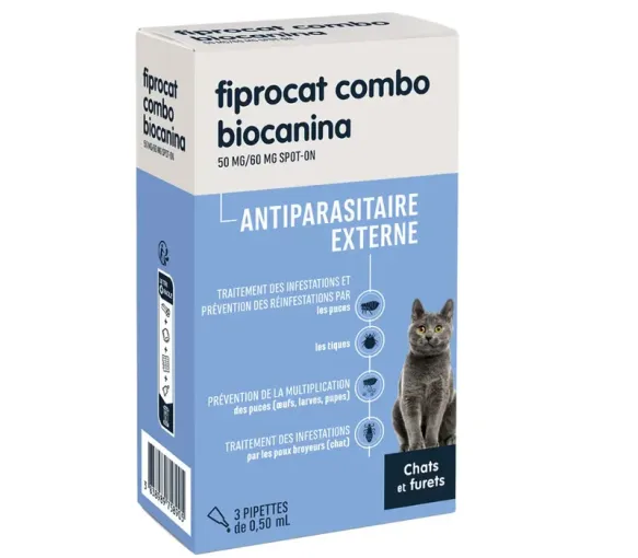 Fiprocat combo 50 mg/60 mg antiparasitaire externe chats et furets Biocanina - boîte de 3 pipettes de 0,5ml