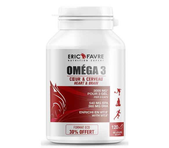 Oméga 3 coeur et cerveau Eric Favre - pot de 120 capsules 30% offert