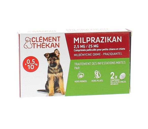 Milprazikan 2,5 mg / 25 mg comprimé pelliculé pour petits chiens Clément Thékan - boite de 2 comprimés péliculés