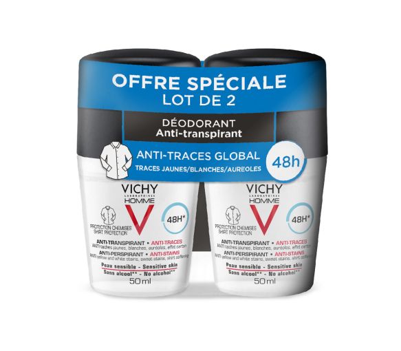 Déodorant homme anti-transpirant anti-traces global Vichy - lot de 2 flacons de 50 ml