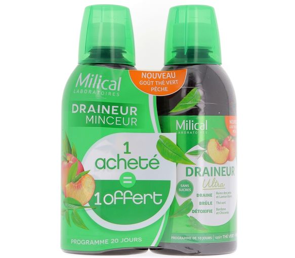 Draineur minceur pêche Milical - Lot de 2 bouteilles de 500 ml