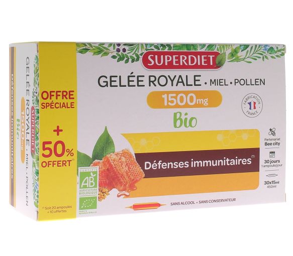 Gelée royale bio 1500 mg miel d'acacia pollen Super Diet - boite de 20 ampoules + 10 offertes
