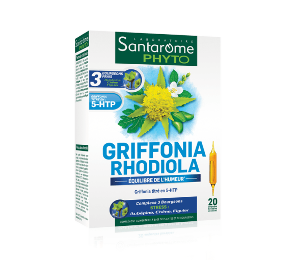 Griffonia rhodiola bio équilibre de l'humeur Santarome - boite de 20 ampoules