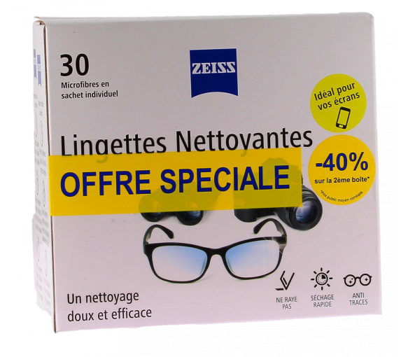 Lingettes nettoyantes pour lunettes Zeiss - lot de 2 boites de 30 lingettes