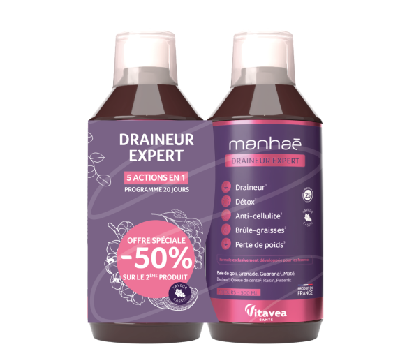 Manhaé draineur expert 5 actions en 1 programme 20 jours Vitavea - lot de 2 flacons de 500ml le deuxième à -50%