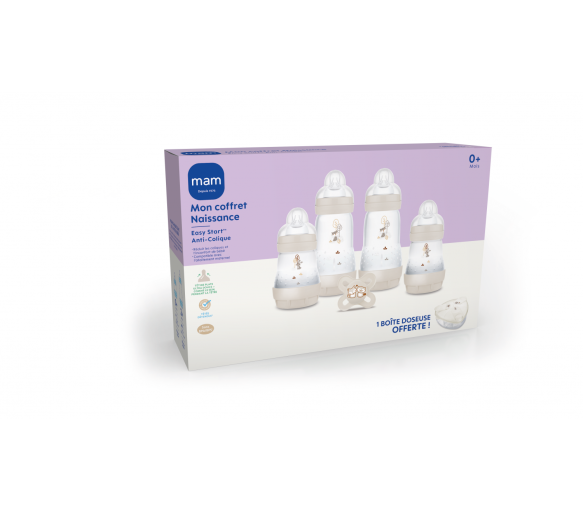 Mon coffret naissance Easy start anti-colique MAM - 4 biberons + 1 sucette + 1 boite doseuse offerte - image 1