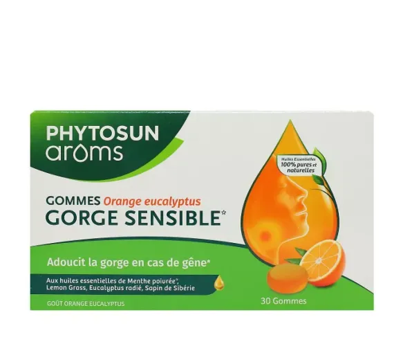 Gorge sensible goût orange eucalyptus Phytosun Arôms- boite de 30 gommes