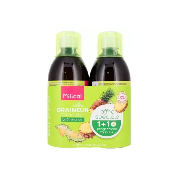 Draineur Ultra minceur goût ananas Milical - lot de 2 bouteilles de 500ml offre spéciale