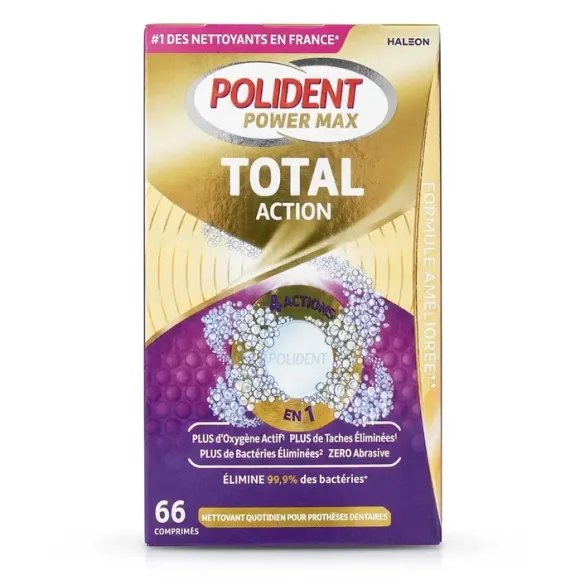 Total Action nettoyant 4en1 pour appareils dentaires Polident - boite de 66 comprimés