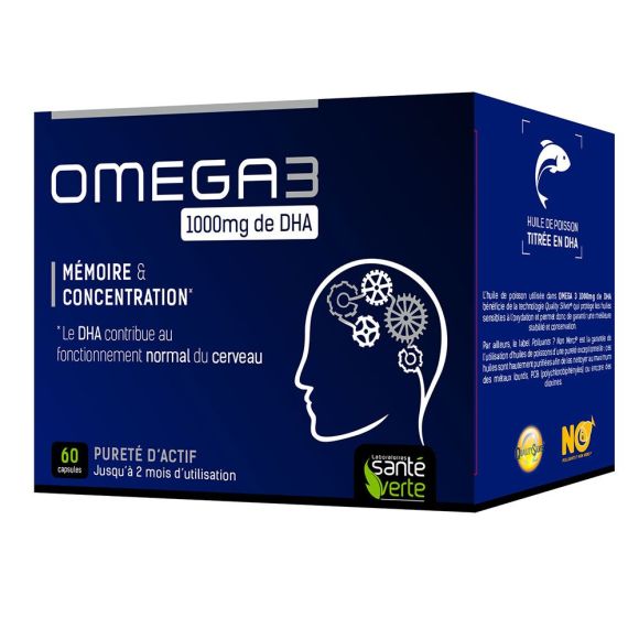 Oméga 3 1000 mg de DHA mémoire et concentration Santé Verte - 60 capsules