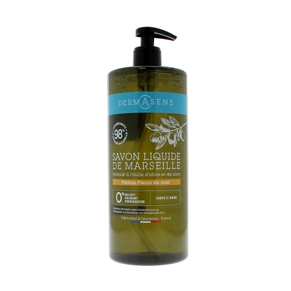 Dermasens Savon liquide de Marseille parfum fleurs de miel Marque Verte - flacon-pompe de 1L