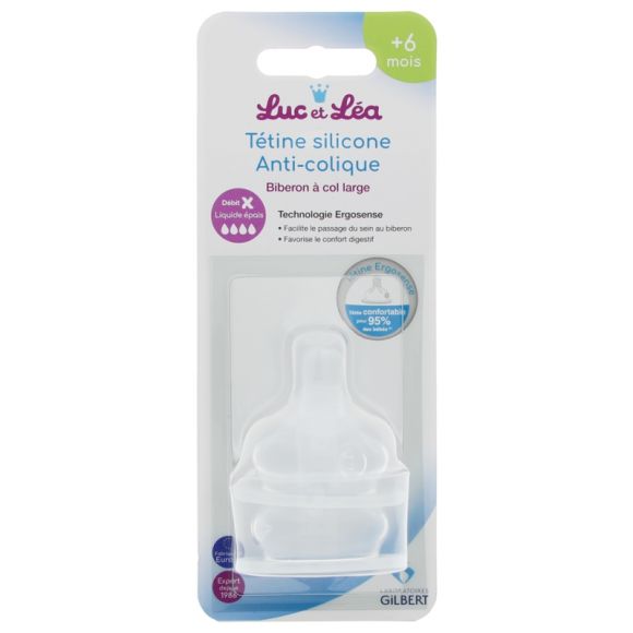 Tétines silicone anti-colique 6mois + débit liquide épais Luc et Léa - 2 tétines